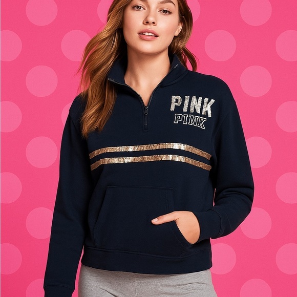 PINK by Victoria’s Secret Black Sequin Logo Spellout Quarter Zip Fleece - Picture 2 of 11